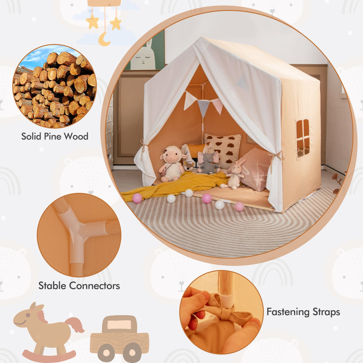 Tienda de juegos infantil con alfombrilla de algodón lavable y guirnalda de banderines