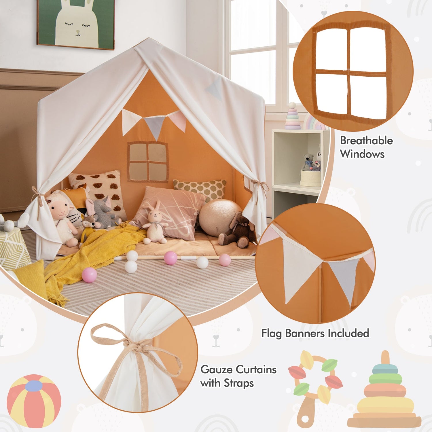 Tienda de juegos infantil con alfombrilla de algodón lavable y guirnalda de banderines