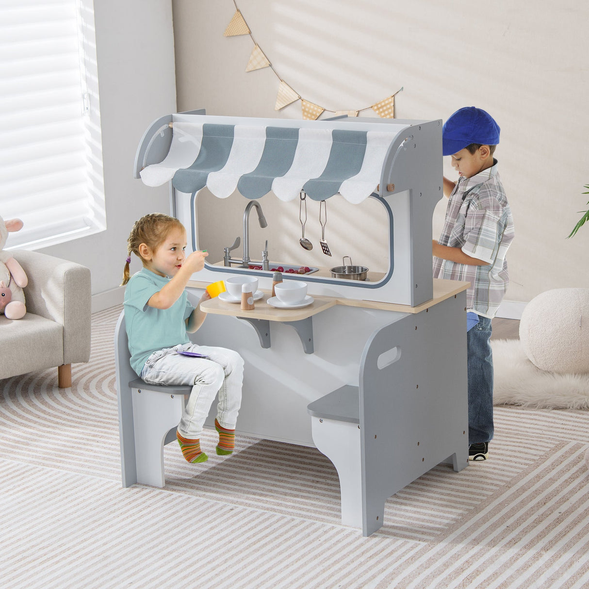 Cocina de juguete de doble cara para niños con cafetería de 2 asientos - Gris