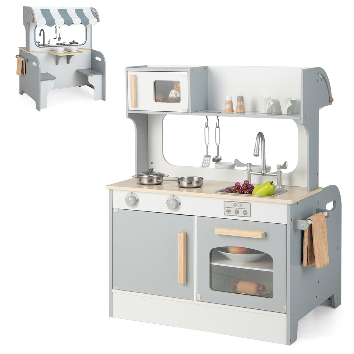Cocina de juguete de doble cara para niños con cafetería de 2 asientos - Gris