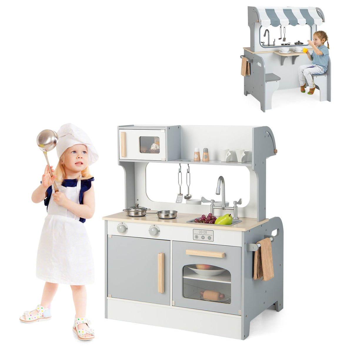 Cocina de juguete de doble cara para niños con cafetería de 2 asientos - Gris