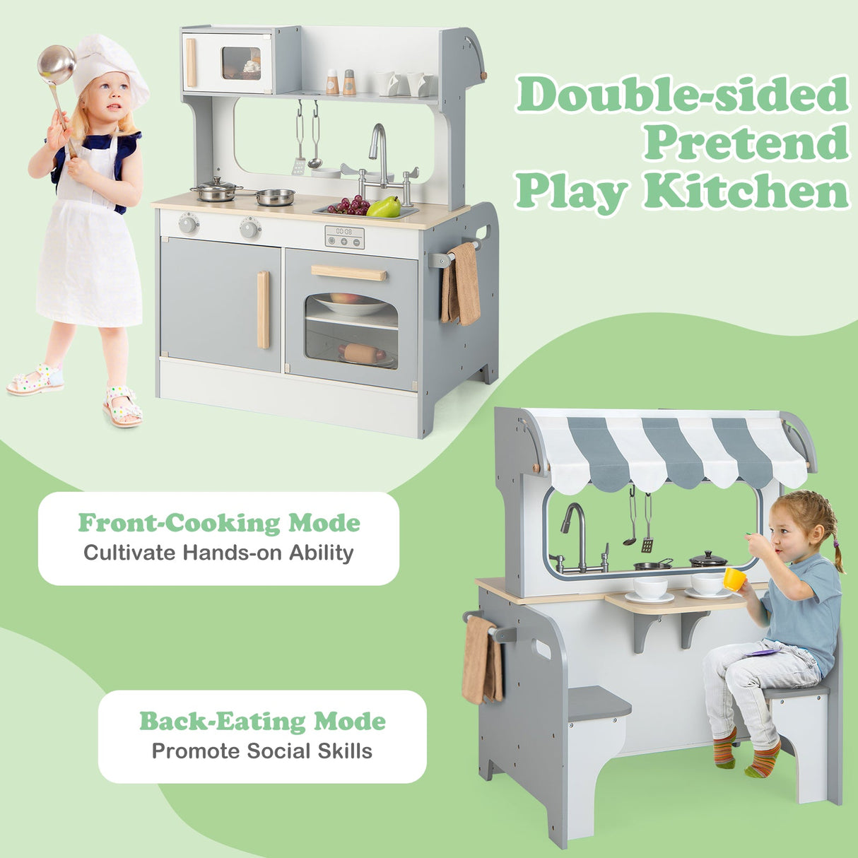 Cocina de juguete de doble cara para niños con cafetería de 2 asientos - Gris