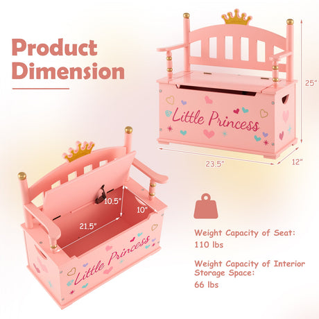 Cofre/Banco de almacenamiento de juguetes de madera 2 en 1 para niñas con tapa con bisagras de seguridad, color rosa