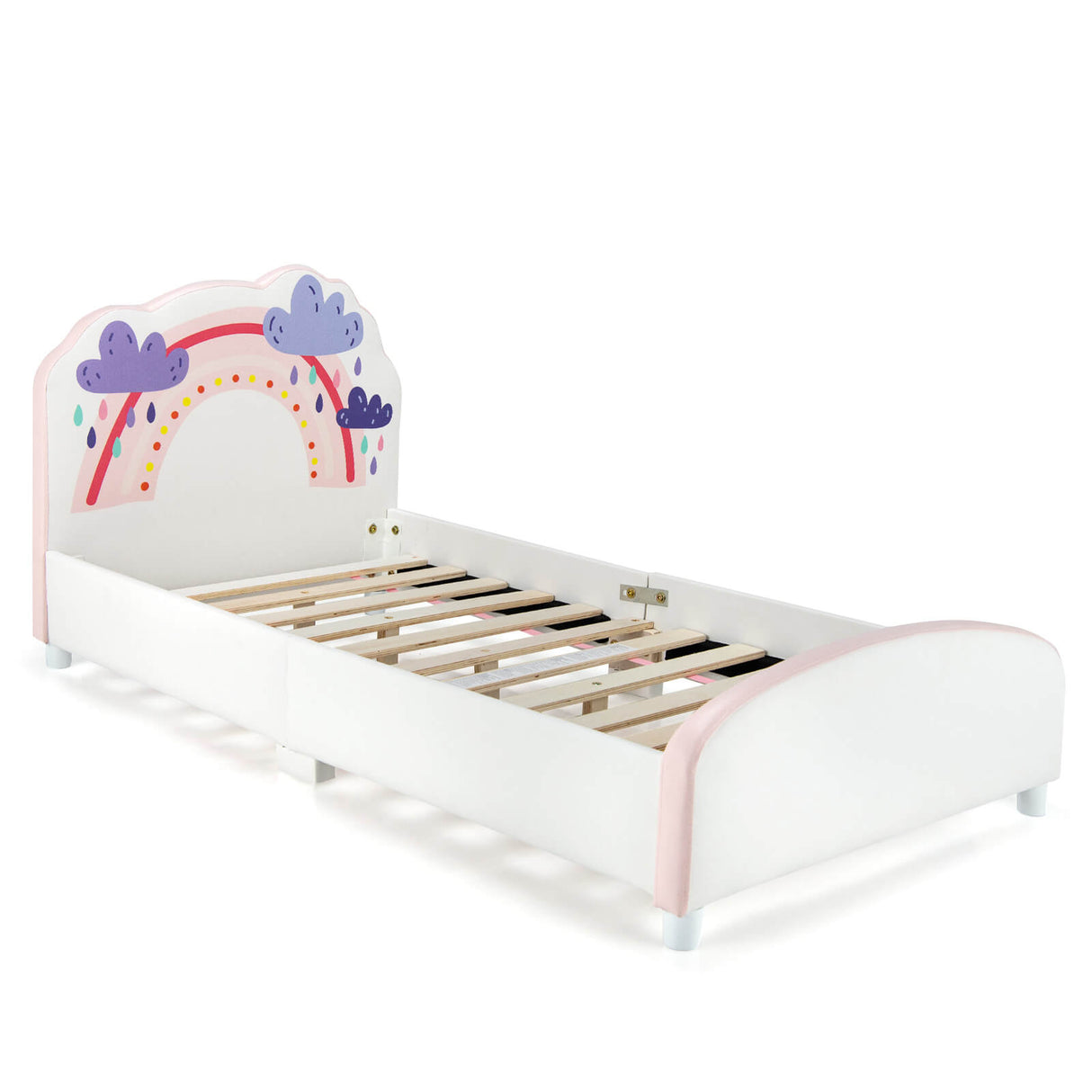 Cama plataforma de madera tapizada tamaño individual para niños con estampado de arcoíris