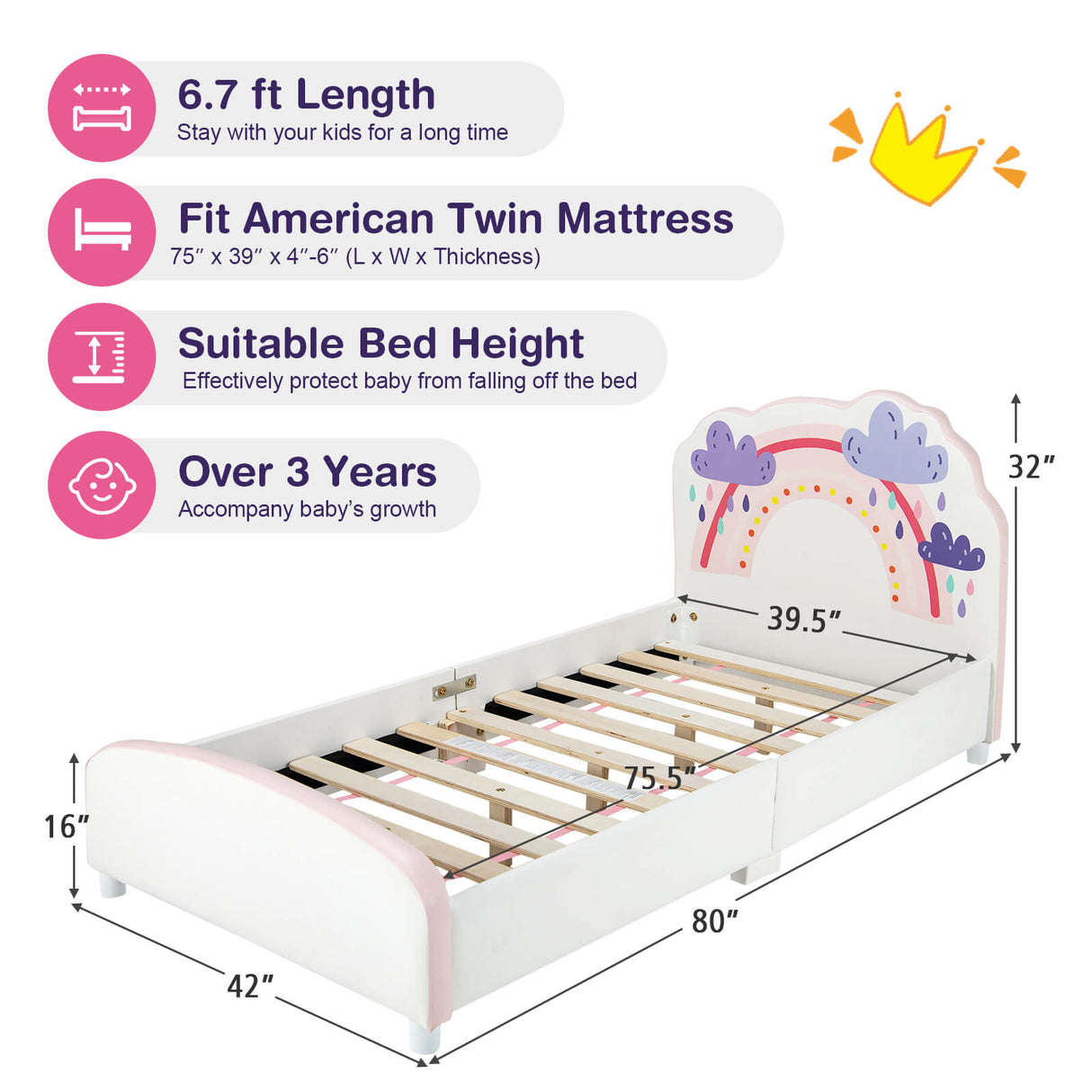 Cama plataforma de madera tapizada tamaño individual para niños con estampado de arcoíris