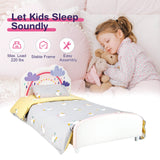 Cama plataforma de madera tapizada tamaño individual para niños con estampado de arcoíris