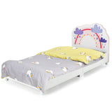 Cama plataforma de madera tapizada tamaño individual para niños con estampado de arcoíris