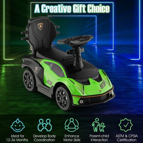 Coche Montable de Empuje Lamborghini 3 en 1 con Licencia, Barandilla de Seguridad y Mango