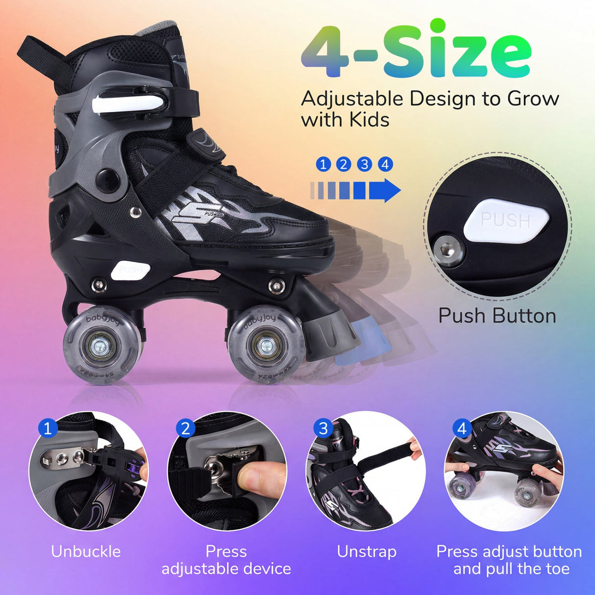 Patines de ruedas para niños y niñas, ajustables a 4 tallas, con ruedas luminosas