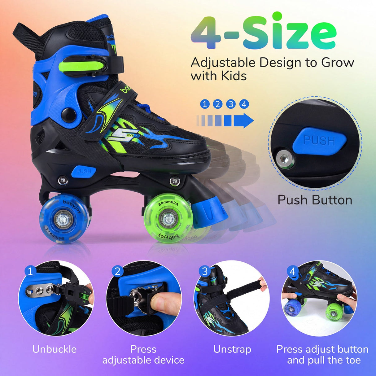 Patines de ruedas para niños y niñas, ajustables a 4 tallas, con ruedas luminosas