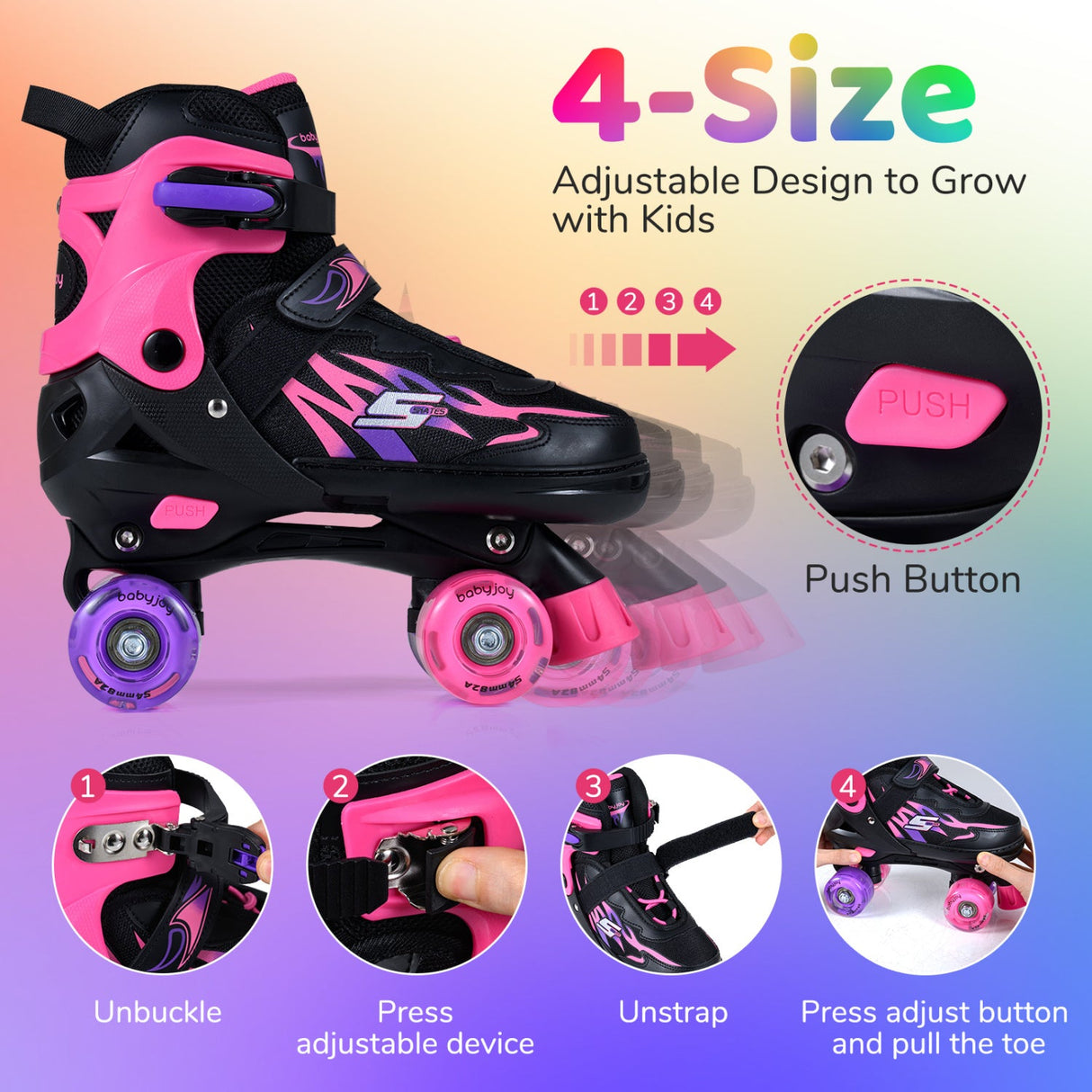 Patines de ruedas para niños y niñas, 4 tamaños ajustables, patines con ruedas iluminadas para exteriores