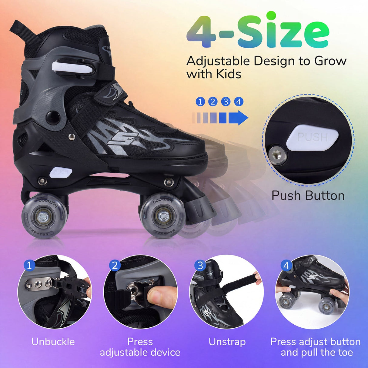 Patines de ruedas para niños y niñas, 4 tamaños ajustables, patines con ruedas iluminadas para exteriores