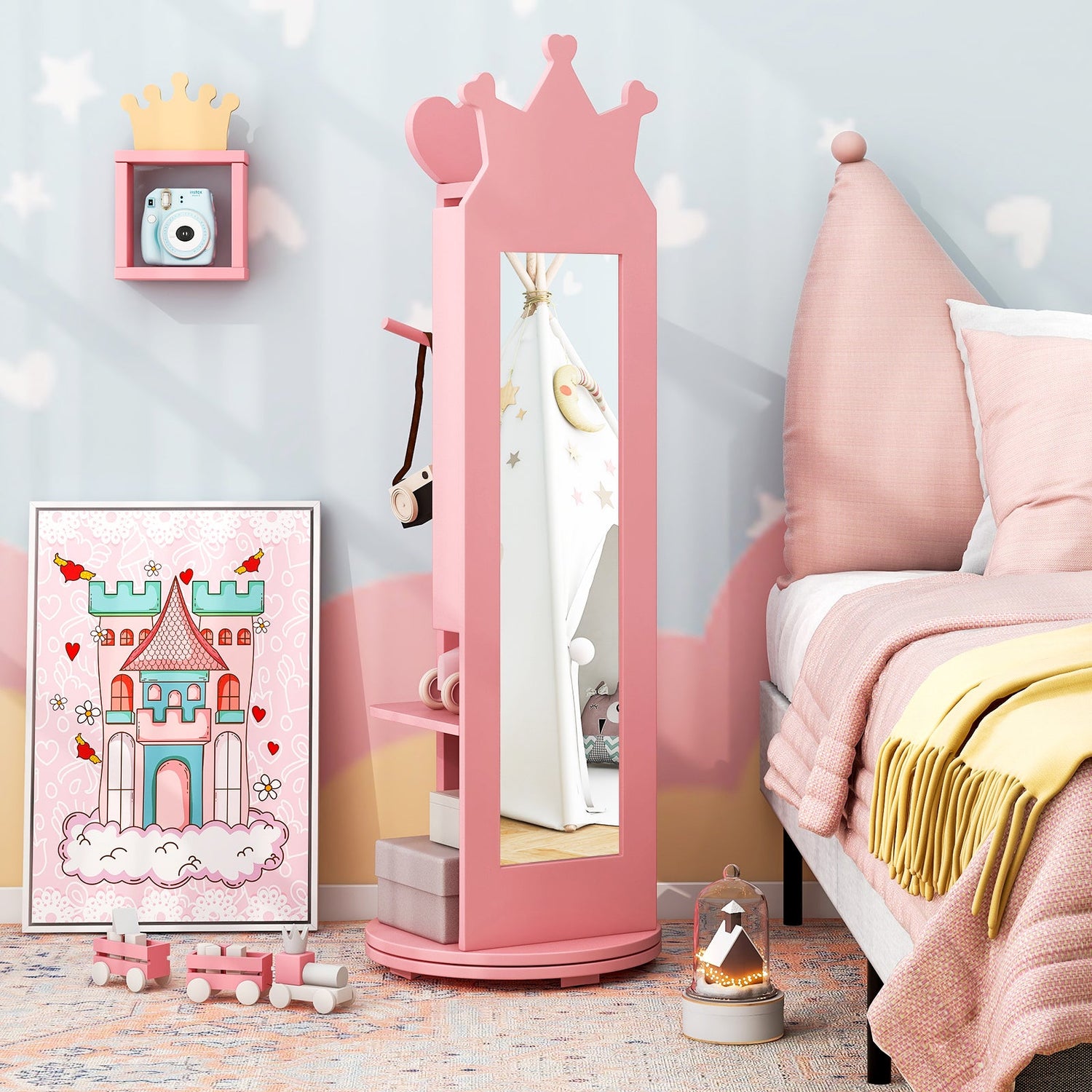 Kids Room Furniture Set Princess Vanity Table and Stool Set with Mirror and Drawer