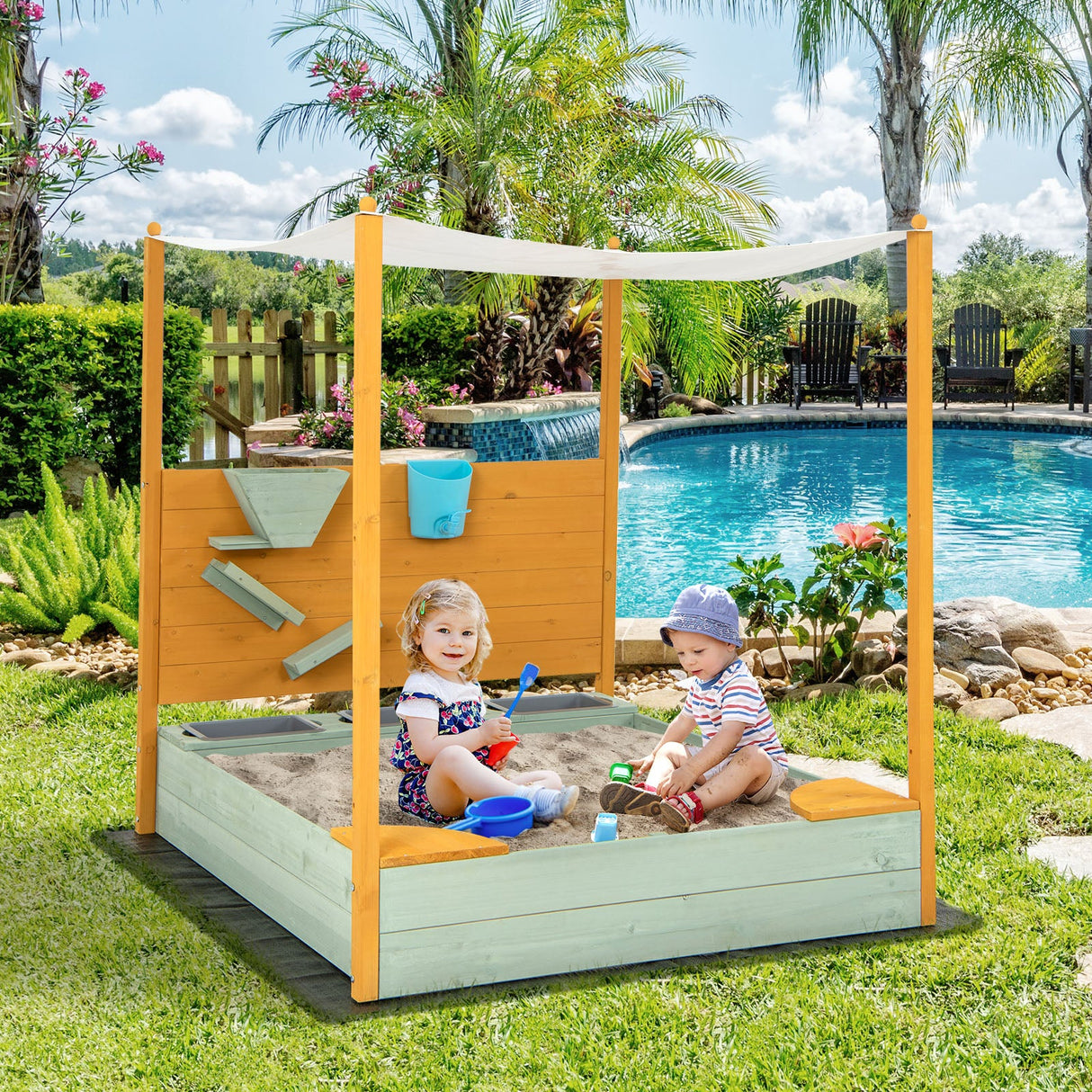 Arenero infantil con pared de arena y dosel desmontable para niños de 3 a 8 años