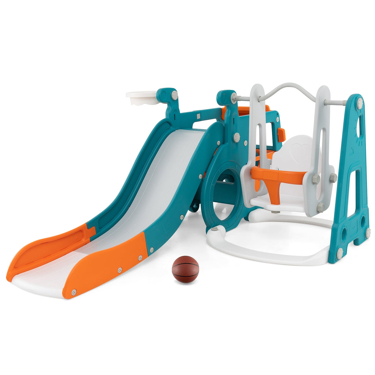 Set de tobogán y columpio 5 en 1 para niños con minibús y canasta de baloncesto - Multicolor