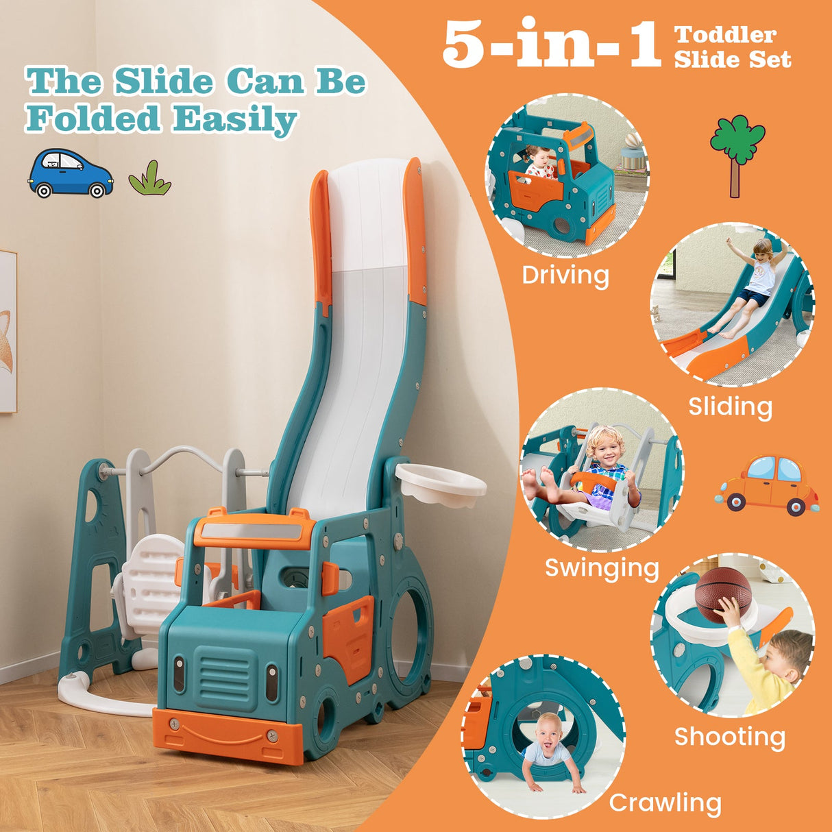 Set de tobogán y columpio 5 en 1 para niños con minibús y canasta de baloncesto - Multicolor
