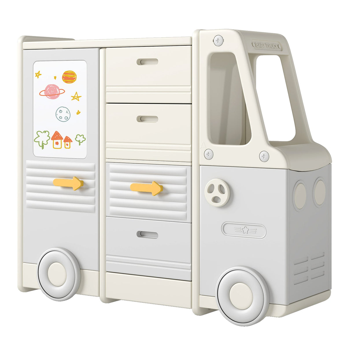 Organizador de almacenamiento de juguetes para niños, gabinete infantil en forma de autobús con 4 cajones extraíbles con asas, gris