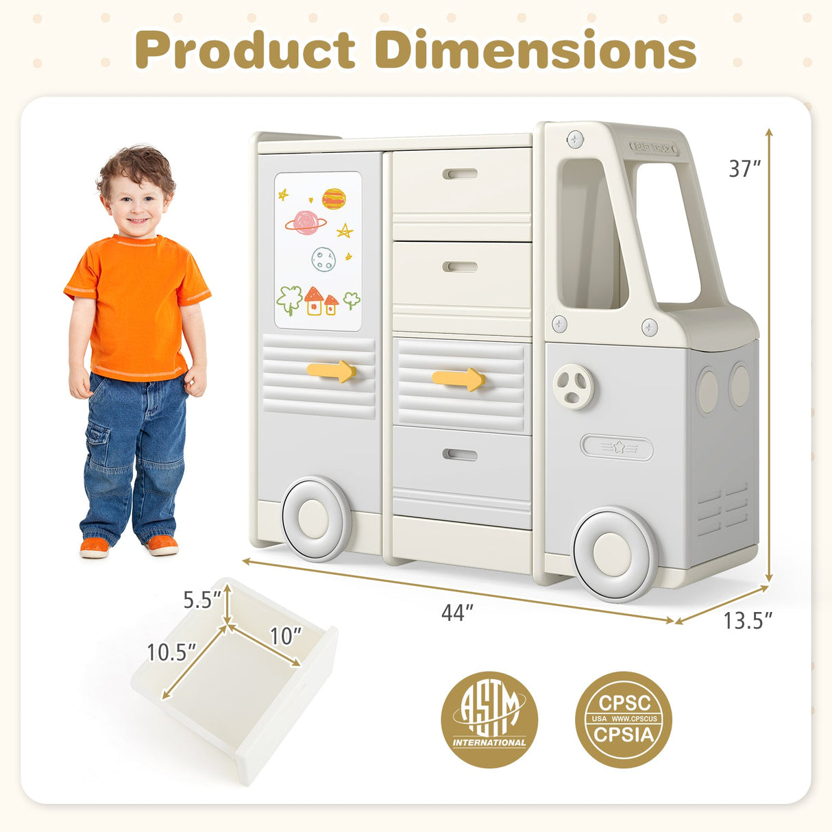 Organizador de almacenamiento de juguetes para niños, gabinete infantil en forma de autobús con 4 cajones extraíbles con asas, gris