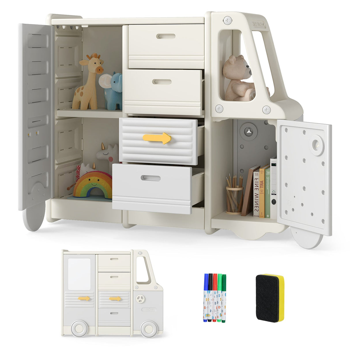 Organizador de almacenamiento de juguetes para niños, gabinete infantil en forma de autobús con 4 cajones extraíbles con asas, gris