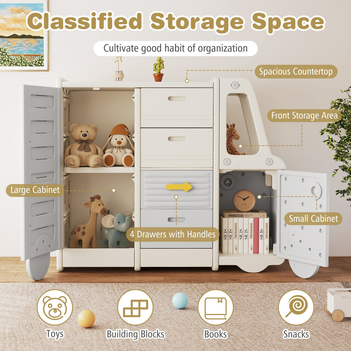 Organizador de almacenamiento de juguetes para niños, gabinete infantil en forma de autobús con 4 cajones extraíbles con asas, gris