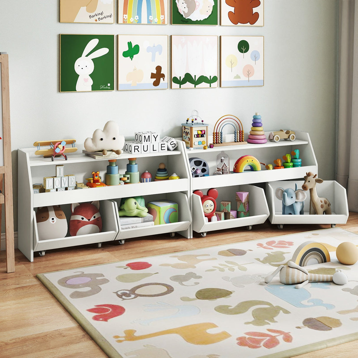 Organizador de juguetes infantiles, estantería de madera con 2 cajones móviles