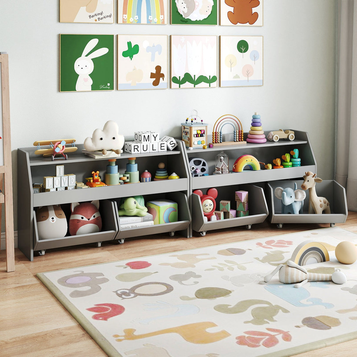 Organizador de juguetes infantiles, estantería de madera con 2 cajones móviles