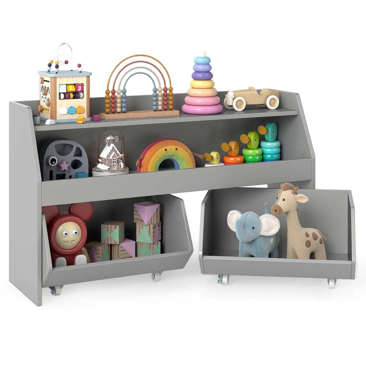 Organizador de juguetes infantiles, estantería de madera con 2 cajones móviles