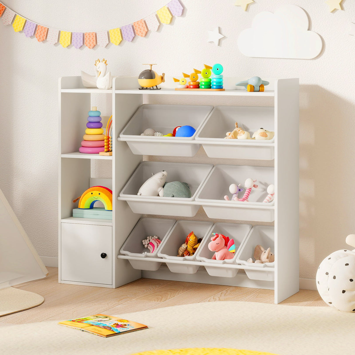 Almacenamiento de juguetes y estantería infantil con estantes abiertos y un armario de una puerta