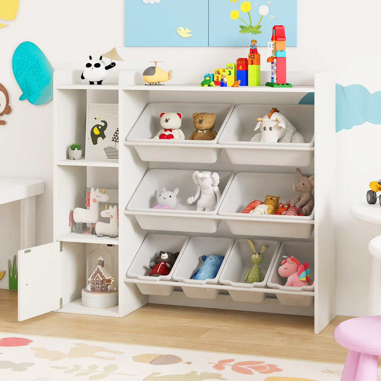 Almacenamiento de juguetes y estantería infantil con estantes abiertos y un armario de una puerta