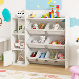 Almacenamiento de juguetes y estantería infantil con estantes abiertos y un armario de una puerta