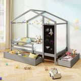 Cama infantil doble con 2 cajones de madera maciza con pizarra