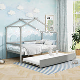 Kids Twin Size House Bed with Trundle and Roof