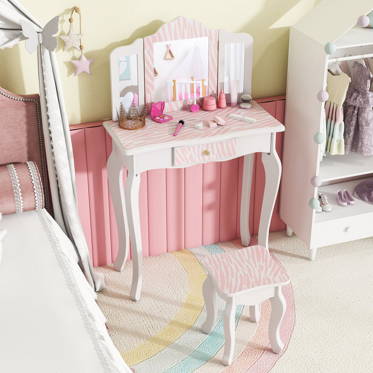 Set de tocador para niños con cajón y 3 accesorios de maquillaje - Rosa