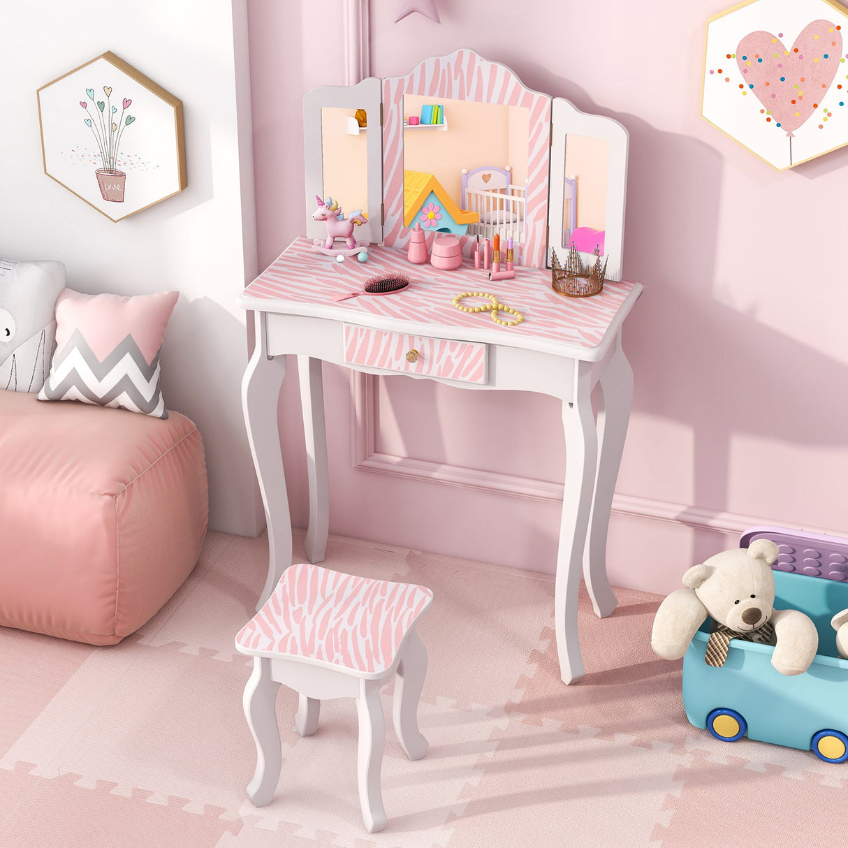Set de tocador para niños con cajón y 3 accesorios de maquillaje - Rosa