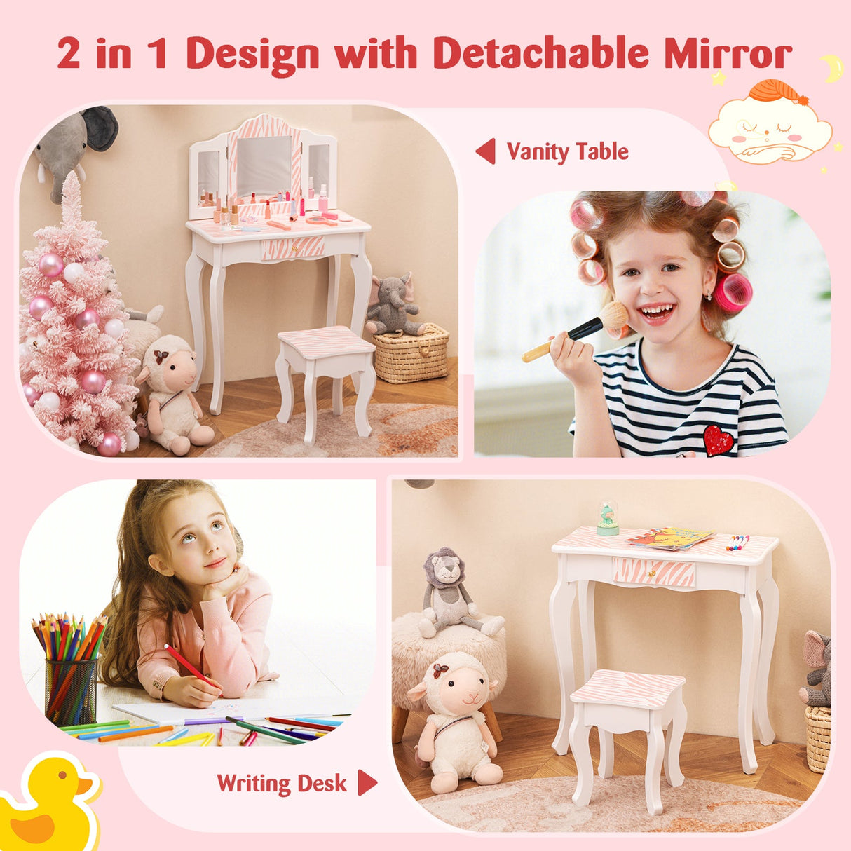 Set de tocador para niños con cajón y 3 accesorios de maquillaje - Rosa