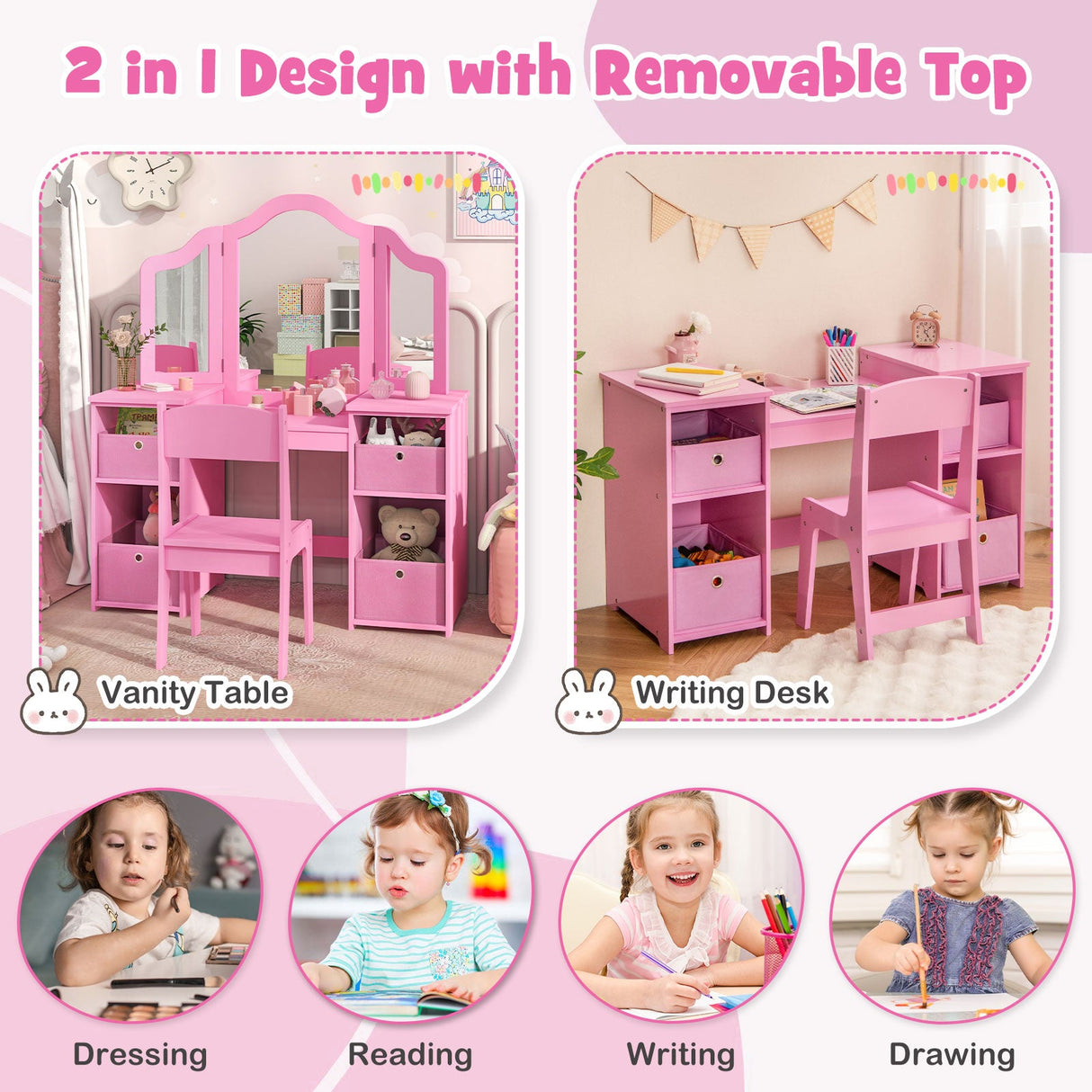 Kids Vanity Table and Chair Set with Removable Mirrors and 4 Storage Bins