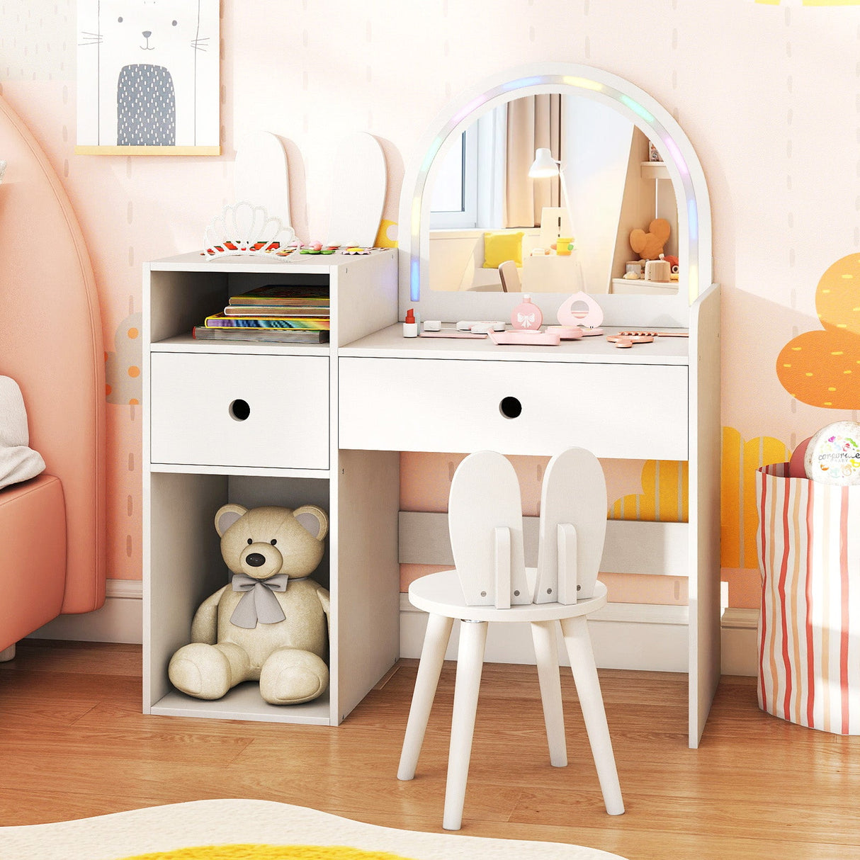 Juego de tocador y silla para niños con luces y estantes abiertos