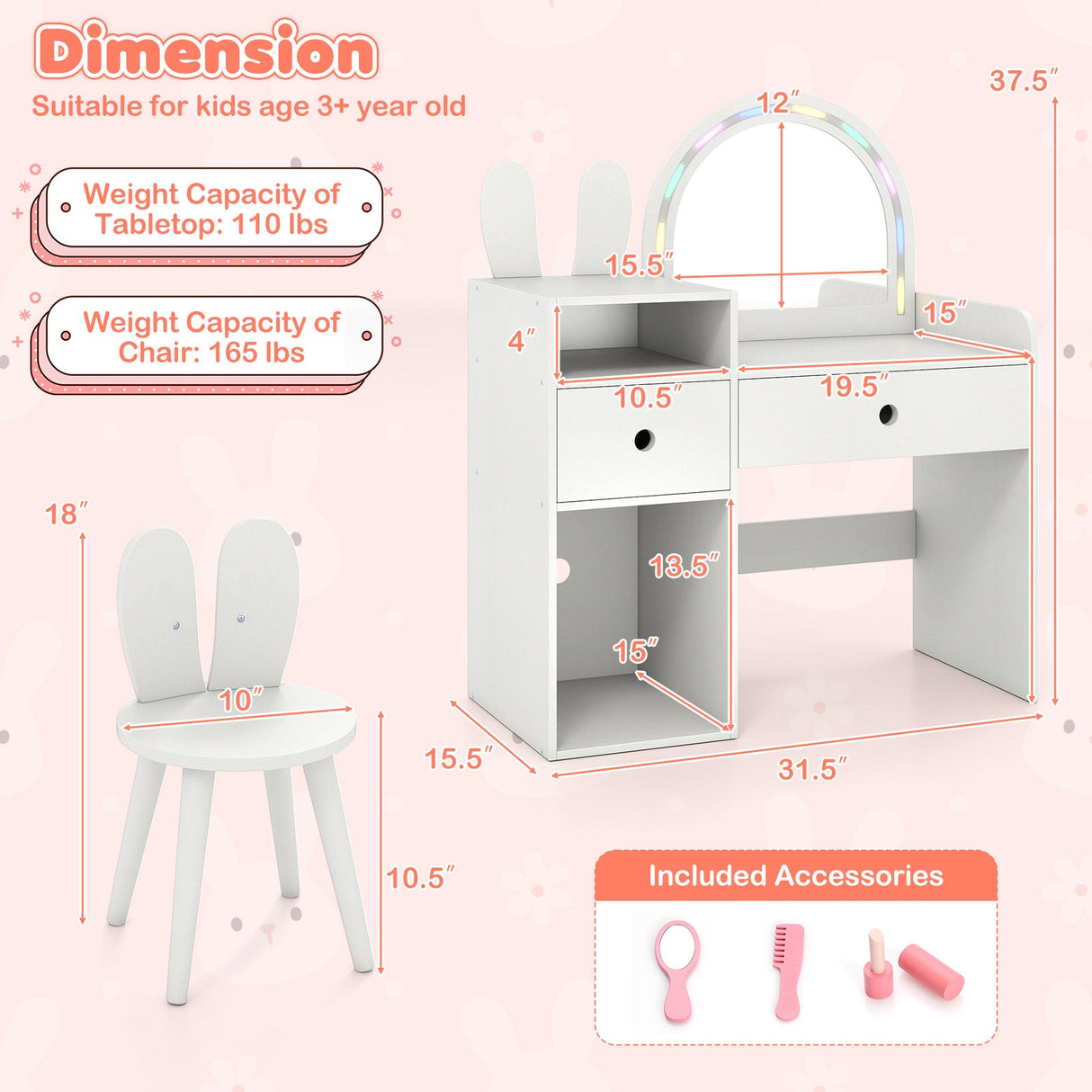 Juego de tocador y silla para niños con luces y estantes abiertos