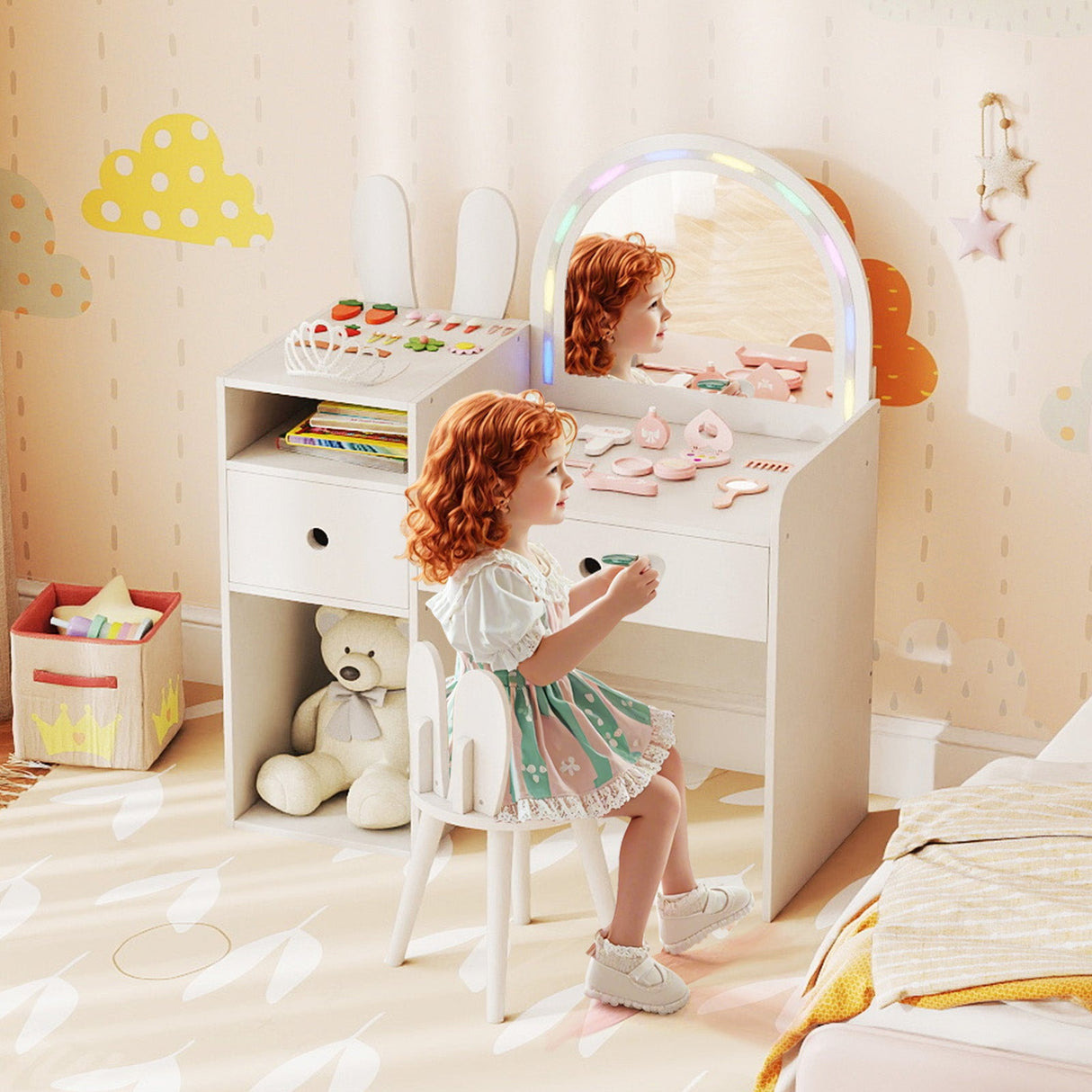Juego de tocador y silla para niños con luces y estantes abiertos