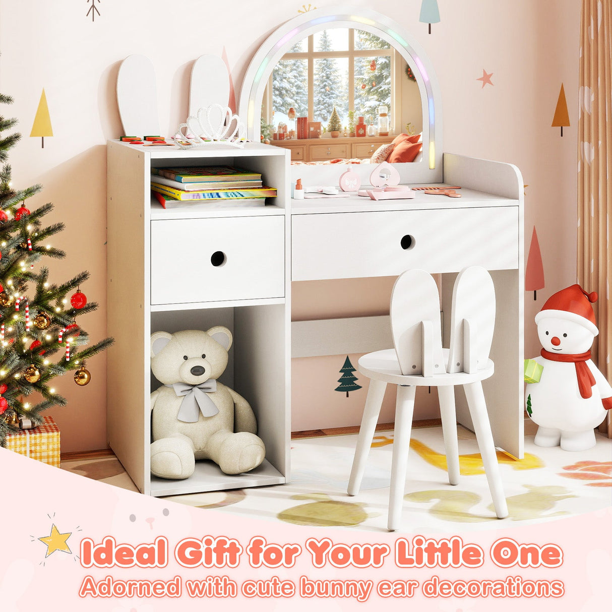 Juego de tocador y silla para niños con luces y estantes abiertos