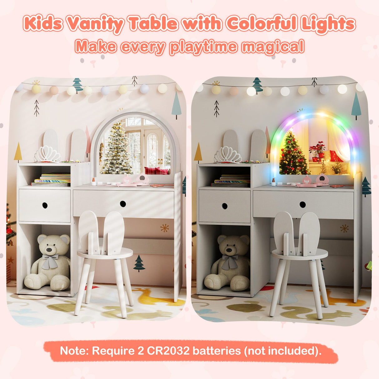Juego de tocador y silla para niños con luces y estantes abiertos