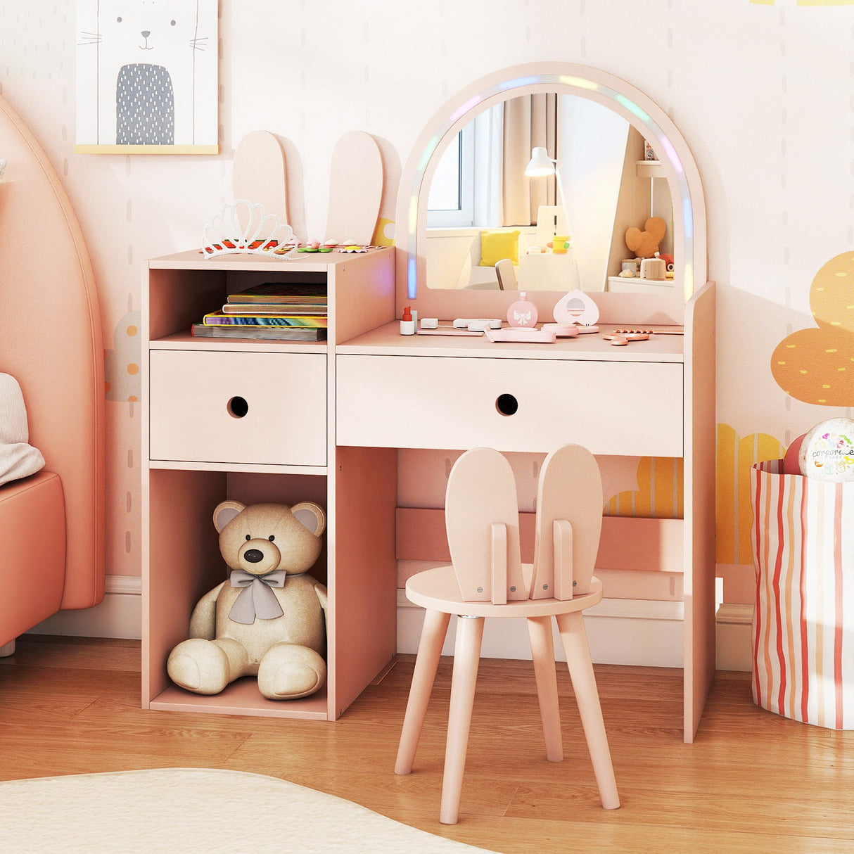 Juego de tocador y silla para niños con luces y estantes abiertos