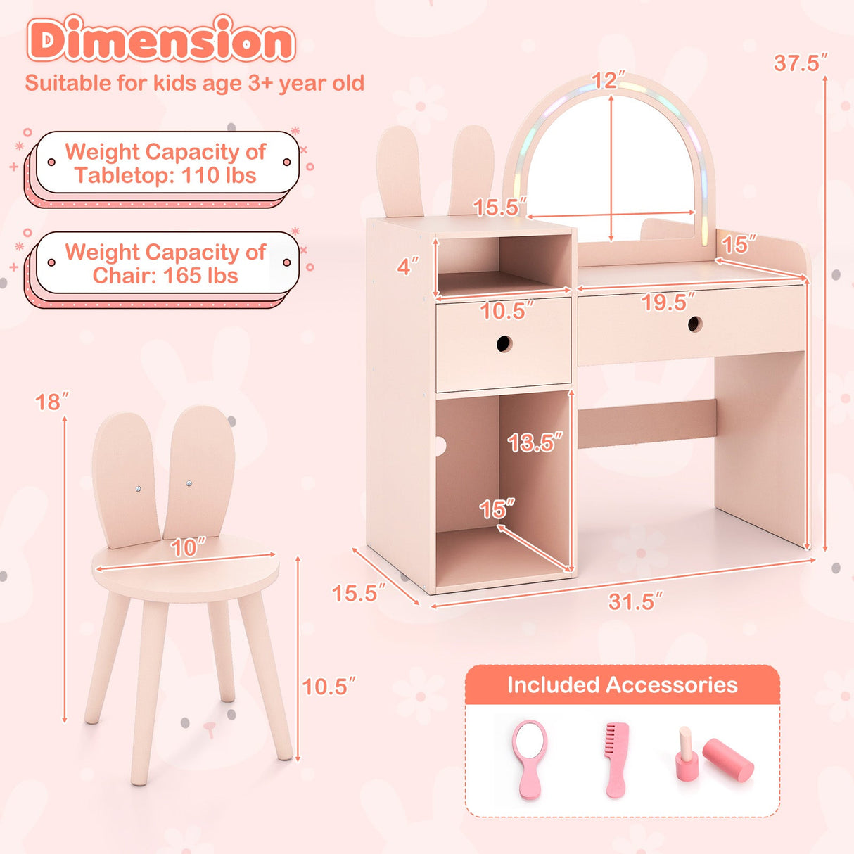 Juego de tocador y silla para niños con luces y estantes abiertos