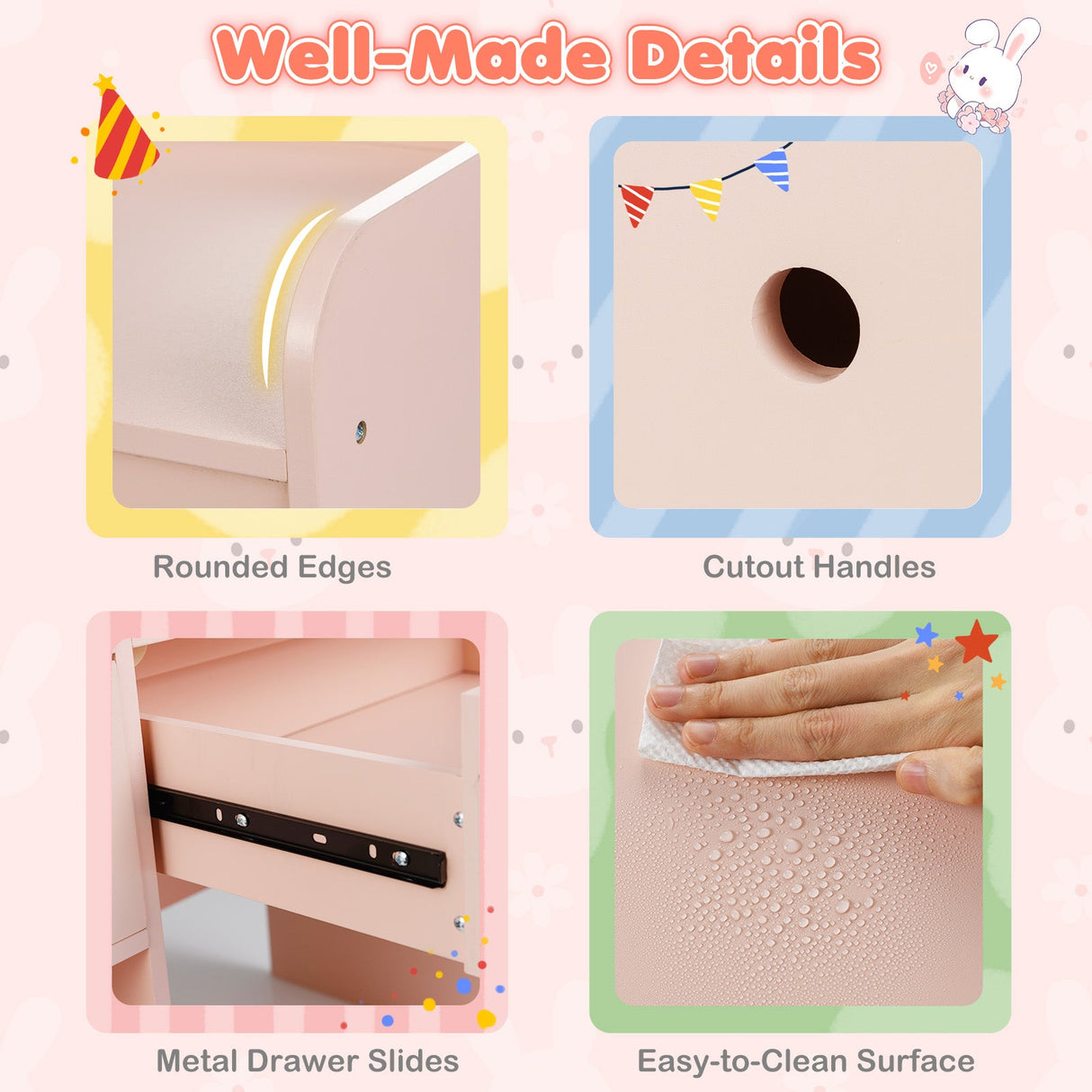 Juego de tocador y silla para niños con luces y estantes abiertos