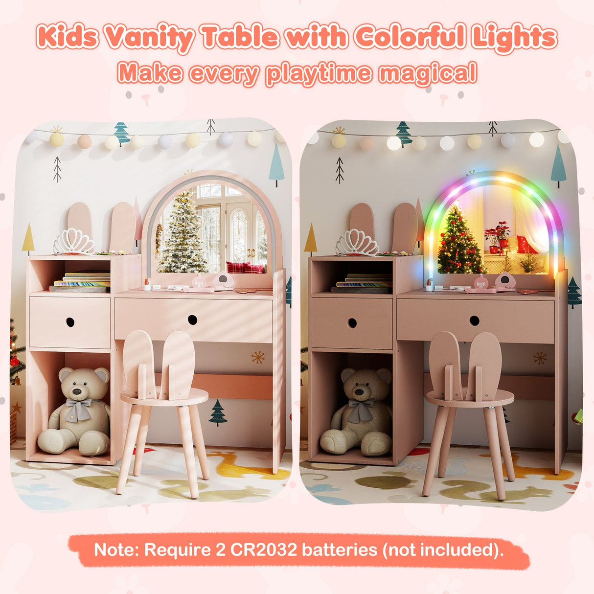Juego de tocador y silla para niños con luces y estantes abiertos