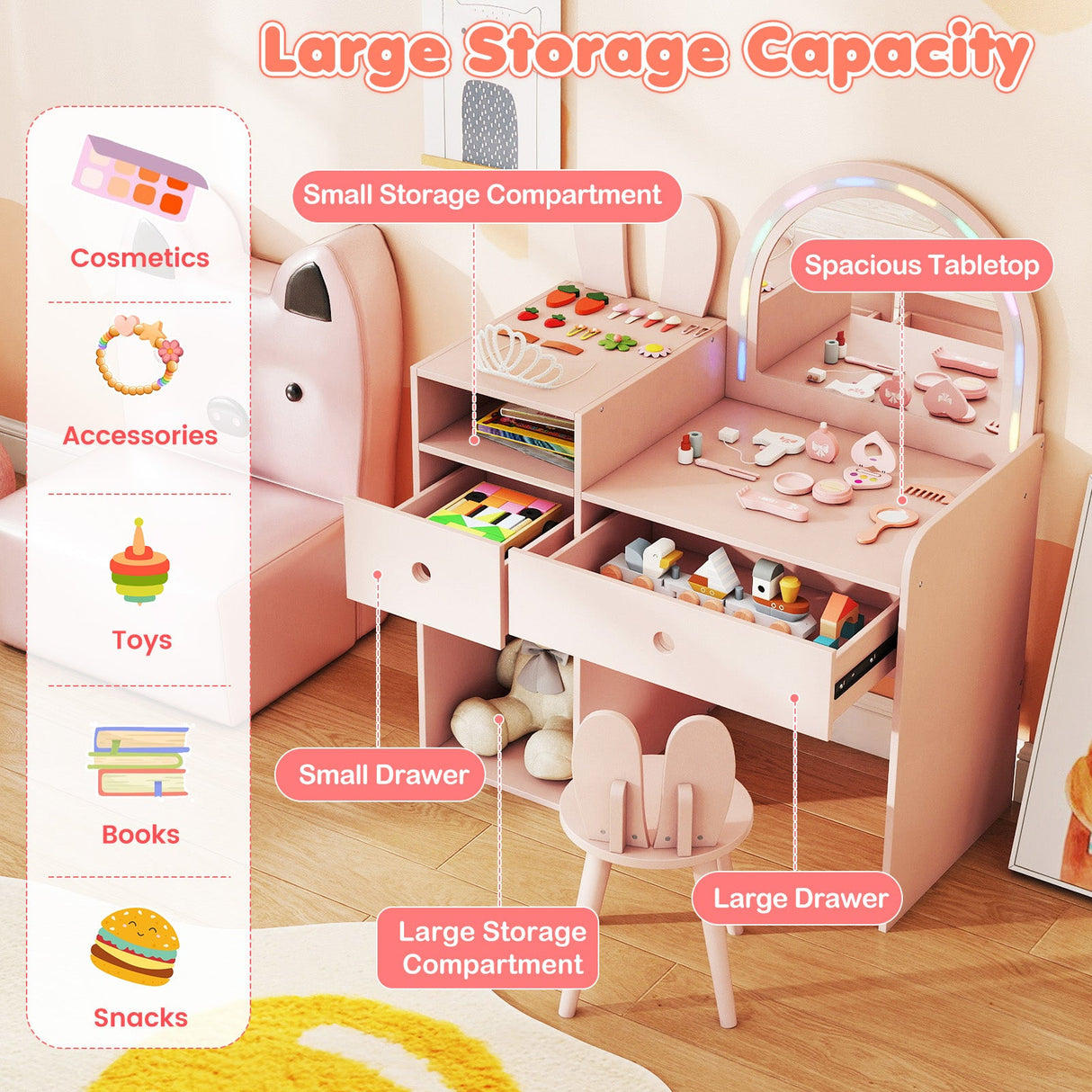 Juego de tocador y silla para niños con luces y estantes abiertos