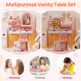 Kids Vanity Set Pretend Play Dressing Table Set with 3-Color Lighting Modes Adjustable Brightness and Mirror Cabinet