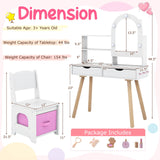 Kids Vanity Set Pretend Play Dressing Table Set with 3-Color Lighting Modes Adjustable Brightness and Mirror Cabinet
