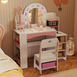 Kids Vanity Set with Colorful LED Lights Princess Makeup Dressing Table with Chair