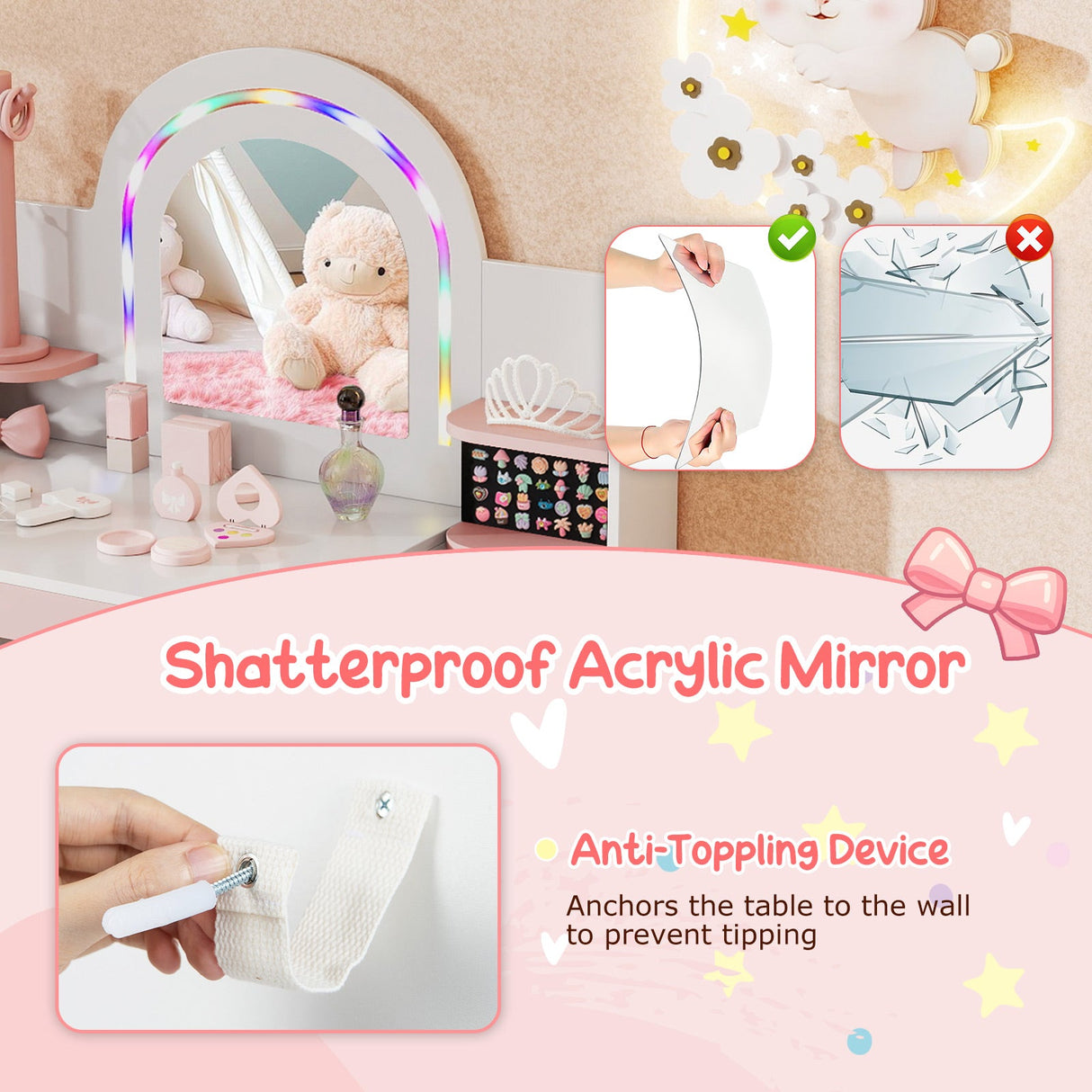 Kids Vanity Set with Colorful LED Lights Princess Makeup Dressing Table with Chair